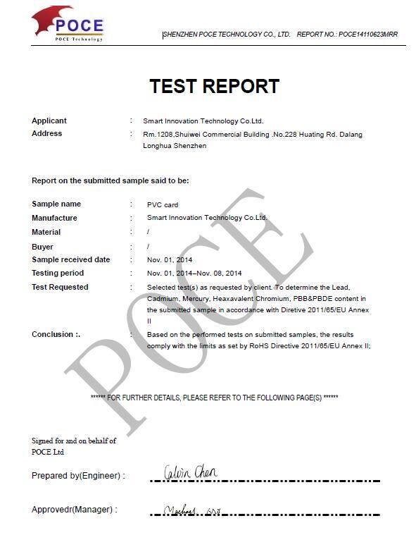 A test report document from POC Technology Co., Ltd. confirming that Smart Innovation Technology Co. Ltd.'s PVC card meets the safety standards set by the RoHS Directive.